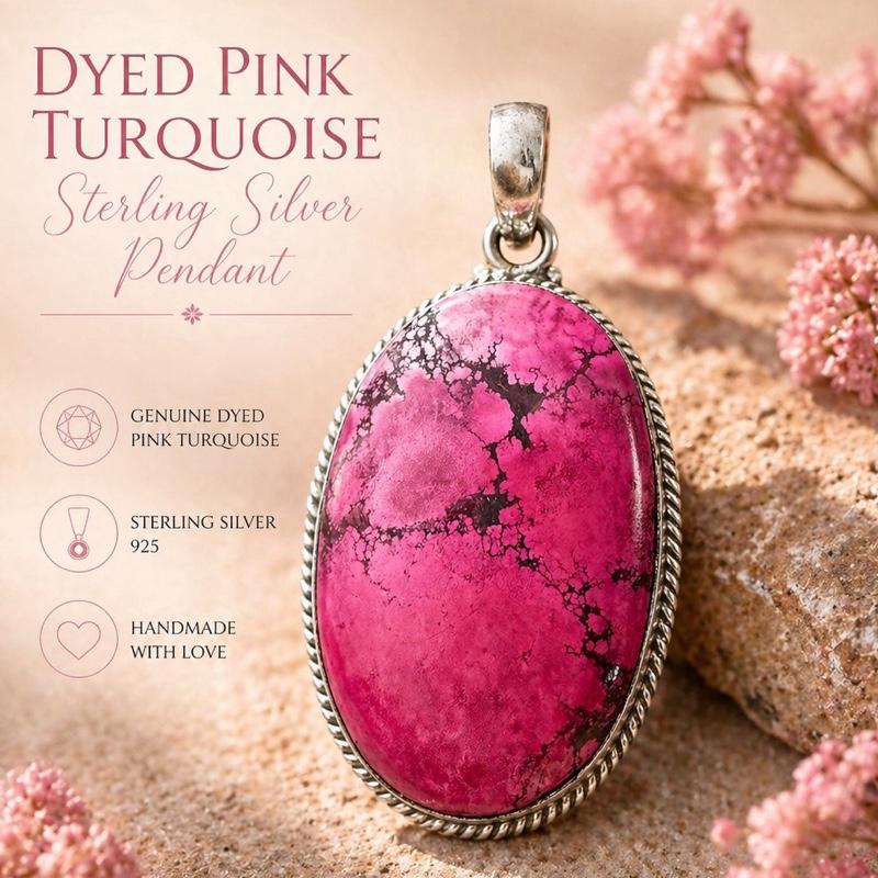 .925 Solid Sterling Silver Dyed Pink Turquoise Pendant