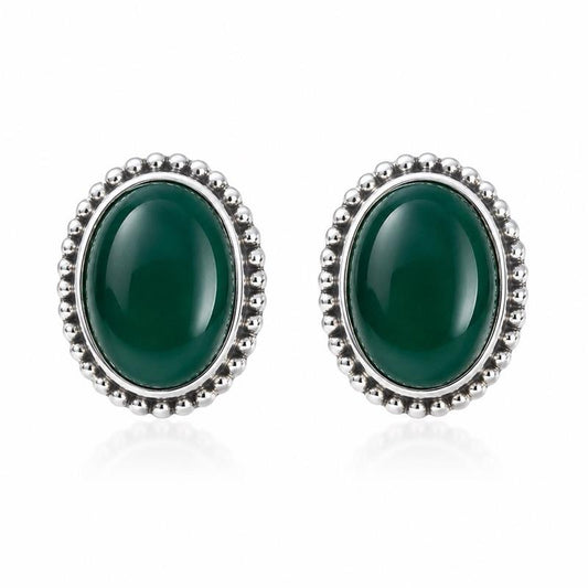 .925 Solid Sterling Silver Green Agate Stud Earrings