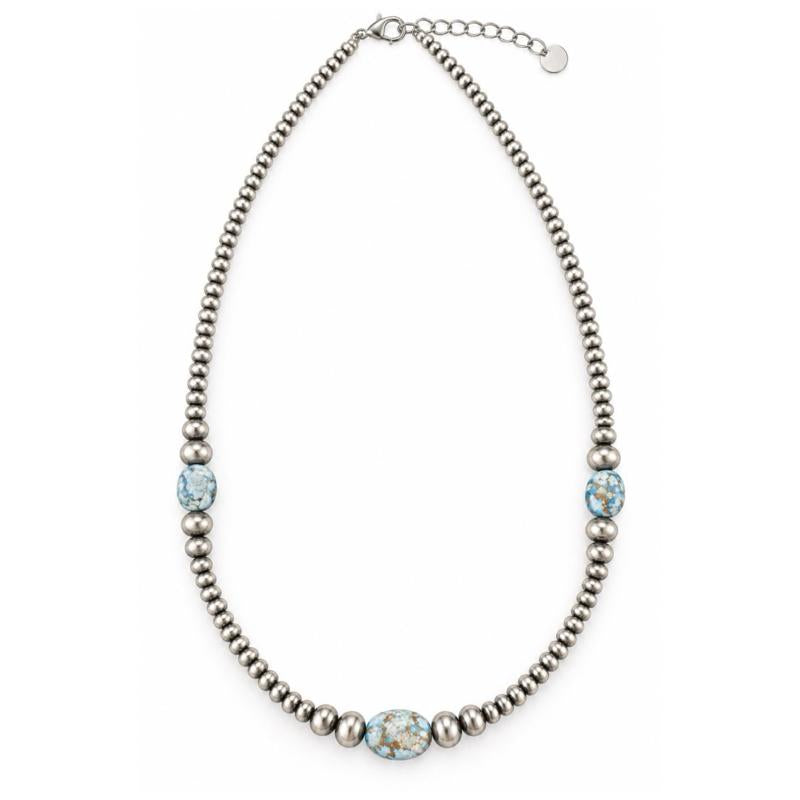 18-20” Gold Hill Turquoise Desert Pearl Beaded .925 Sterling Silver Necklace