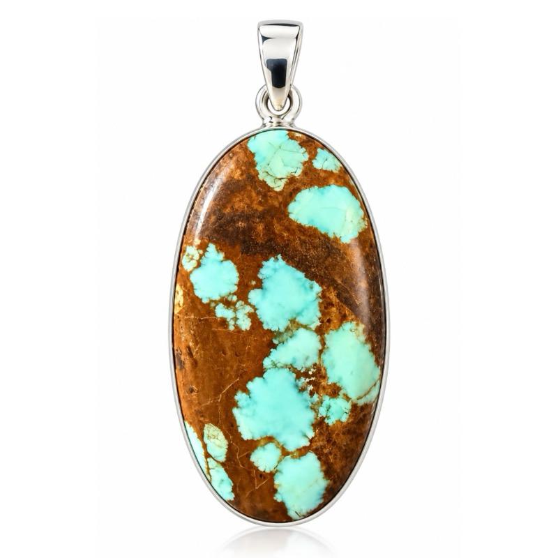 Blue Turquoise with Brown Matrix Genuine .925 Sterling Silver Pendant