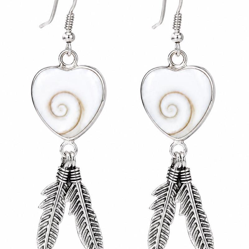 Shiva Eye Heart Shell & Feather .925 Solid Sterling Silver Earrings