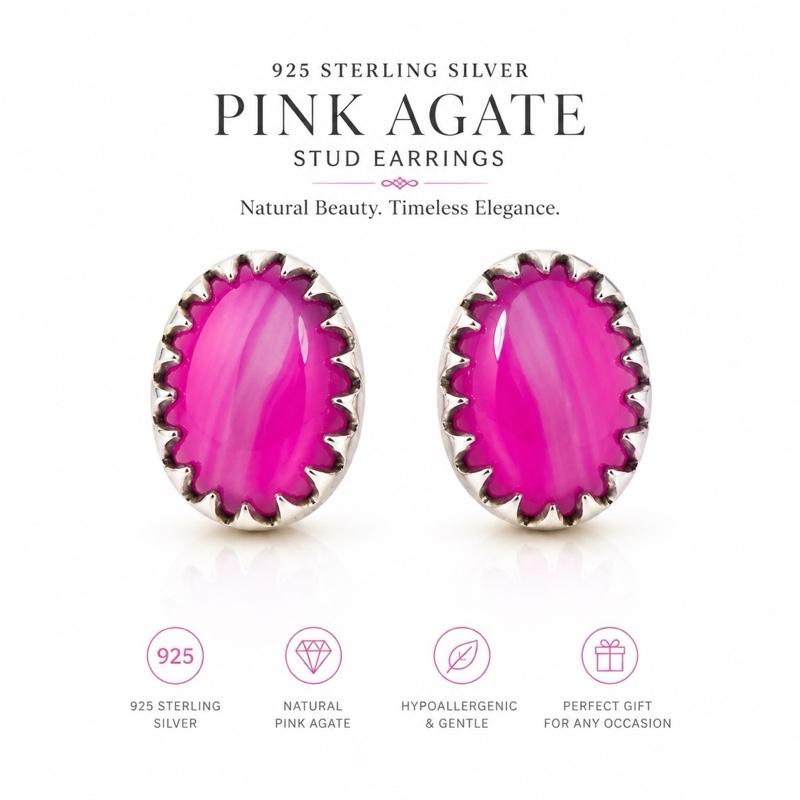 .925 Solid Sterling Silver Pink Agate Stud Earrings