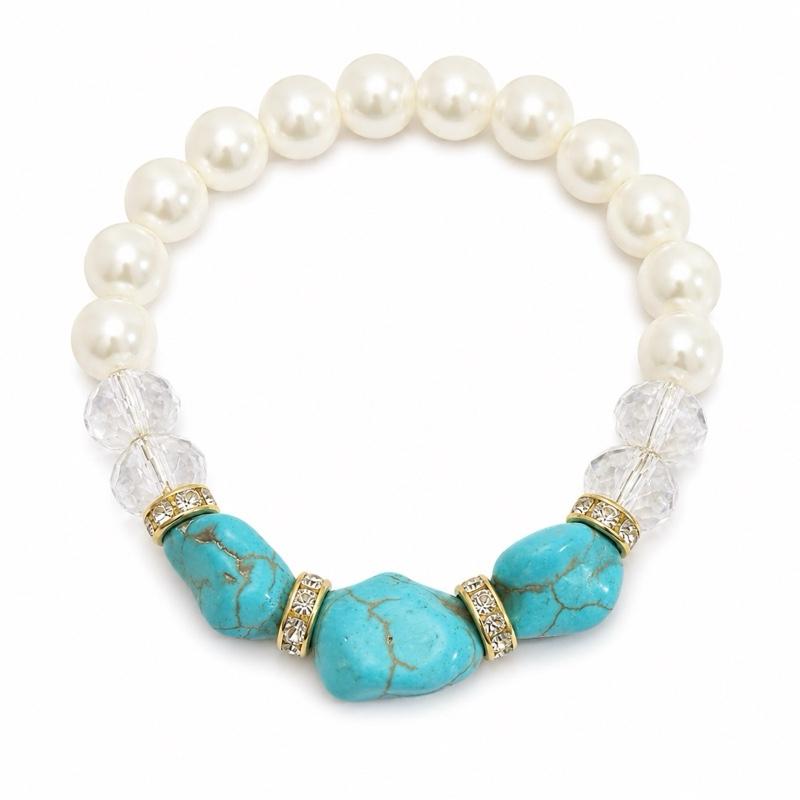 Faux Turquoise & Pearl Beaded Stretchy Bracelet