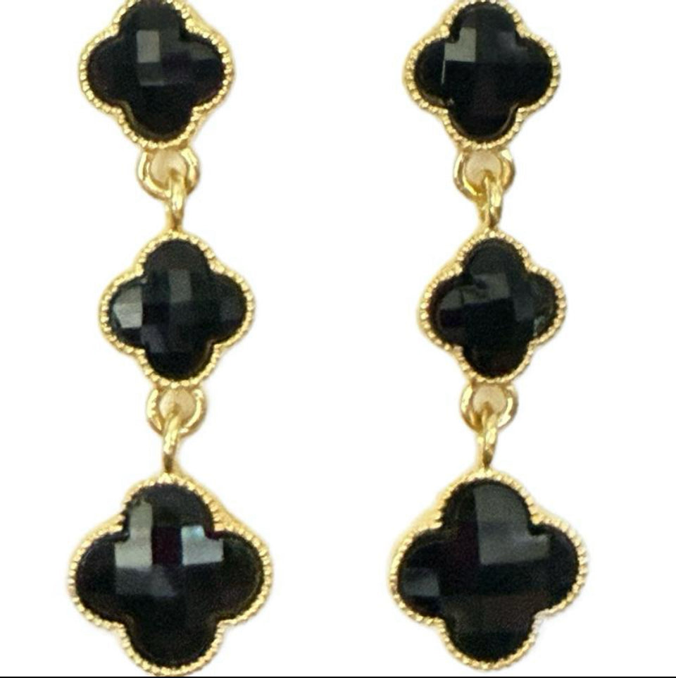 Black Lucky Triple Clover Dangle Earrings