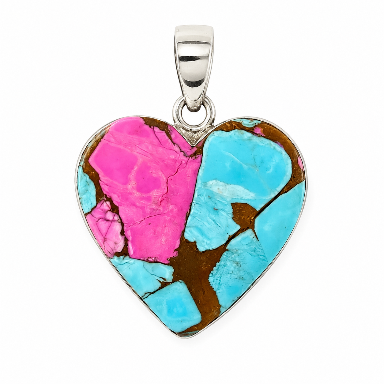 1.36” x 1” Cotton Candy Kingman Turquoise Heart Shape .925 Sterling Silver Pendant