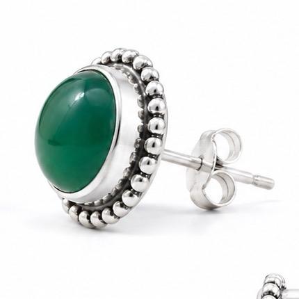.925 Solid Sterling Silver Green Onyx Stud Earrings