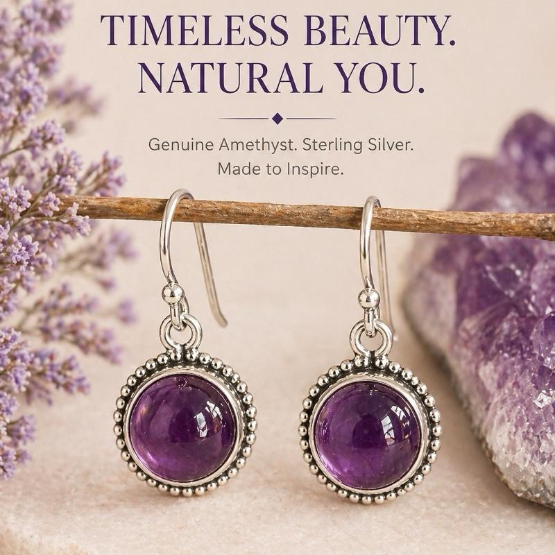 .925 Solid Sterling Silver Amethyst Dangle Earrings