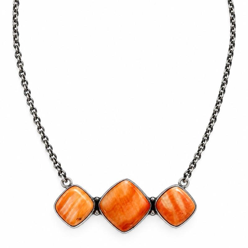 16β-18β Spiny Orange Oyster Triple Shell .925 Sterling Silver Bar Necklace