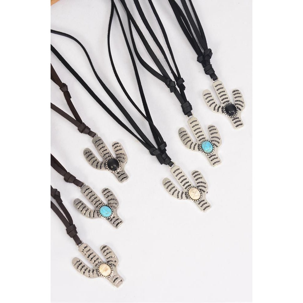 Leather Suede Cactus Stone Necklace Jewelry 893