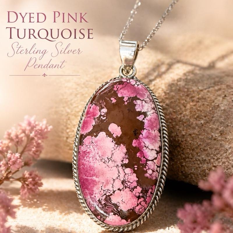 .925 Solid Sterling Silver Dyed Pink Turquoise Pendant