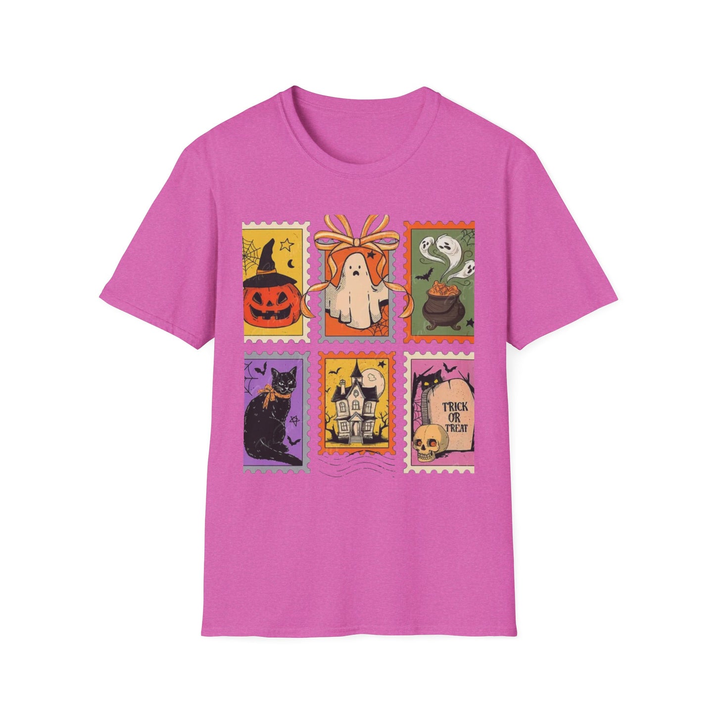 Halloween Themed Unisex Softstyle T-Shirt - Spooky Stamp Design, Fall Fashion, Trick or Treat, Halloween Party, Gift for Ghost Lovers