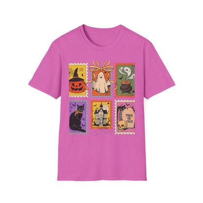 Halloween Themed Unisex Softstyle T-Shirt - Spooky Stamp Design, Fall Fashion, Trick or Treat, Halloween Party, Gift for Ghost Lovers