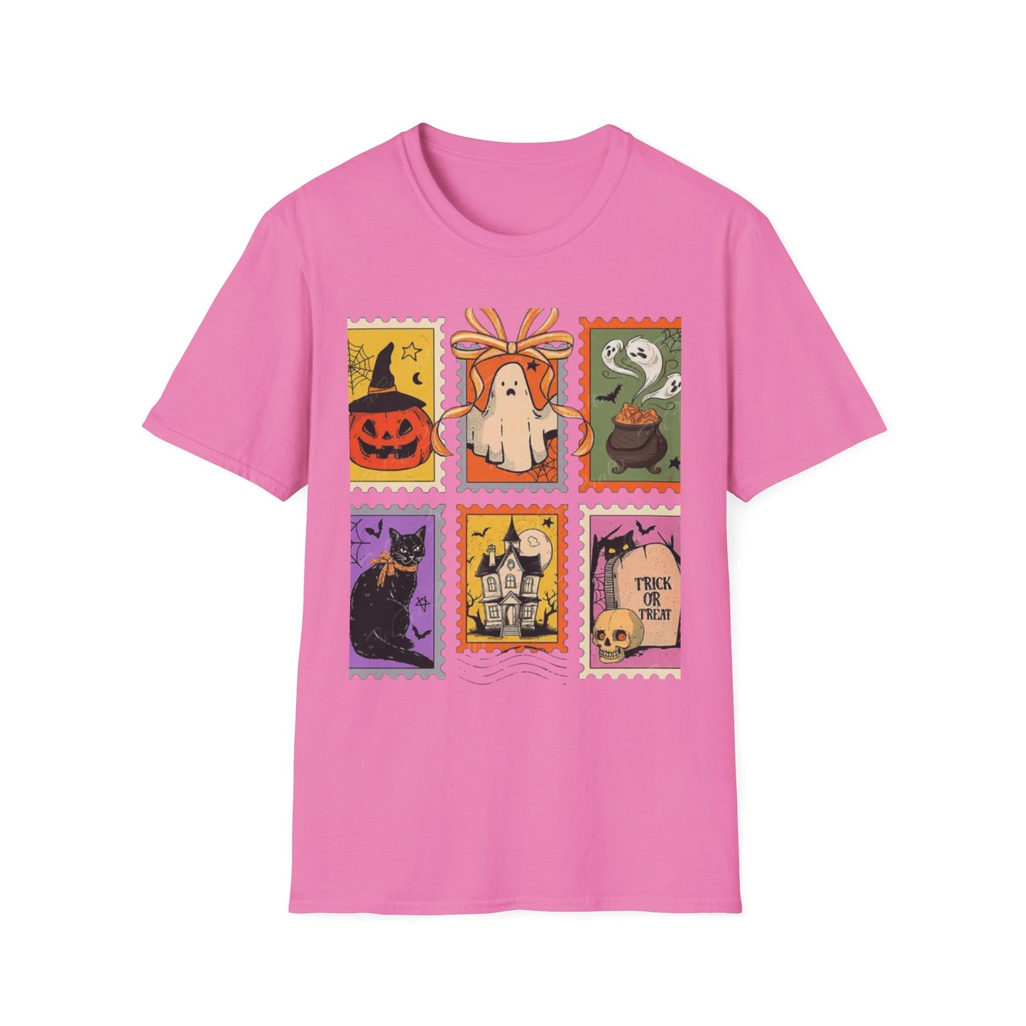 Halloween Themed Unisex Softstyle T-Shirt - Spooky Stamp Design, Fall Fashion, Trick or Treat, Halloween Party, Gift for Ghost Lovers