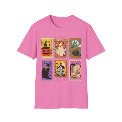 Halloween Themed Unisex Softstyle T-Shirt - Spooky Stamp Design, Fall Fashion, Trick or Treat, Halloween Party, Gift for Ghost Lovers