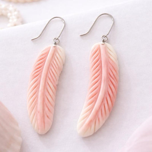 Pink Conch Shell Feather Design Dangle Earrings Set in .925 Sterling Silver