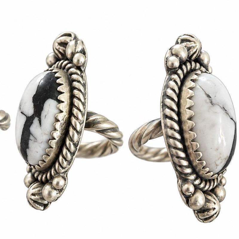 Size 9 White Buffalo Natural Stone .925 Sterling Silver Ring