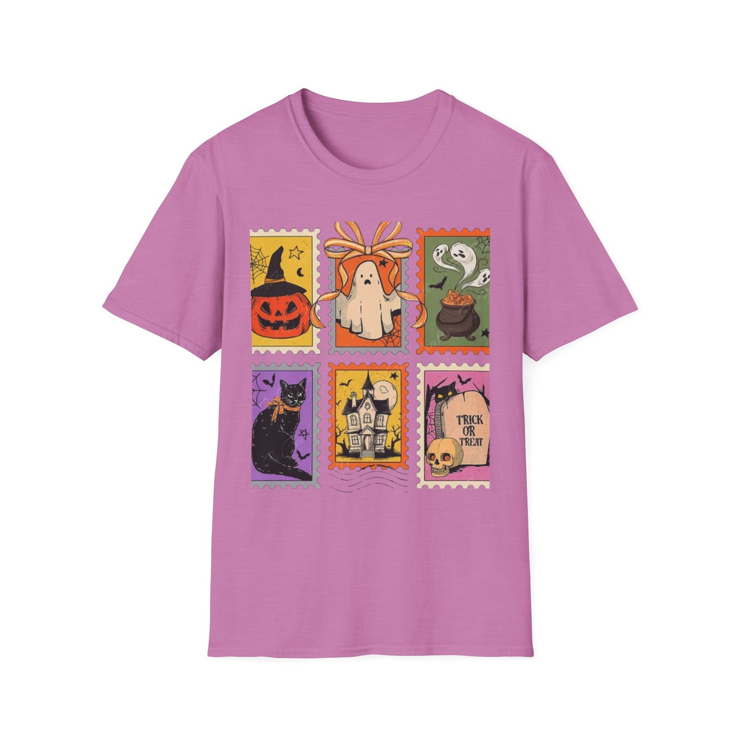 Halloween Themed Unisex Softstyle T-Shirt - Spooky Stamp Design, Fall Fashion, Trick or Treat, Halloween Party, Gift for Ghost Lovers