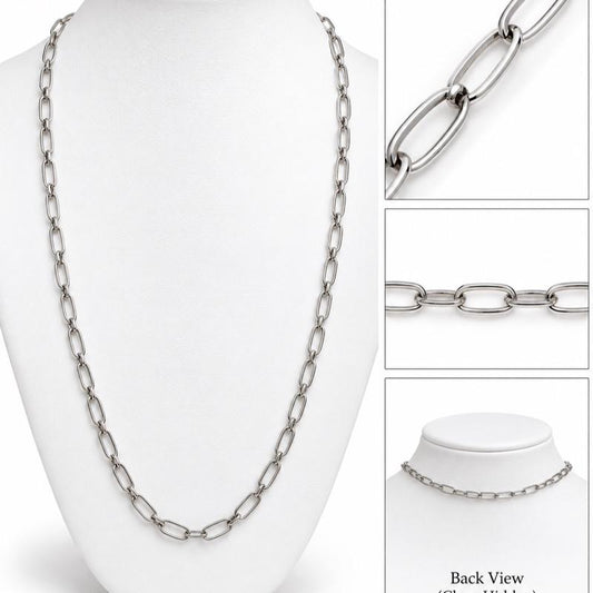 21” Elongated Oval Paperclip Charm Stainless Steel Non Tarnishing Sweatproof and Waterproof Chain