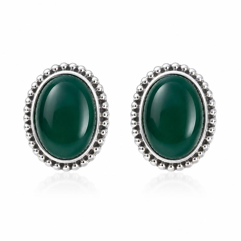 .925 Solid Sterling Silver Green Agate Stud Earrings