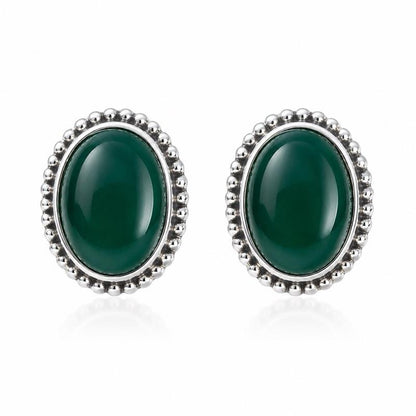 .925 Solid Sterling Silver Green Agate Stud Earrings