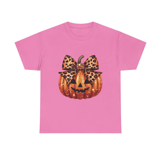 Leopard Bow Pumpkin Tee, Cute Halloween Shirt, Fall Fashion, Unisex Graphic Tee, Autumn Apparel, Pumpkin Lover Gift