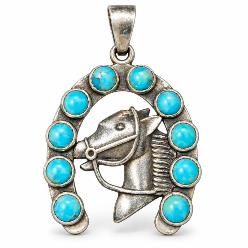 Horse Turquoise HorseShoe Lucky .825 Sterling Silver Pendant