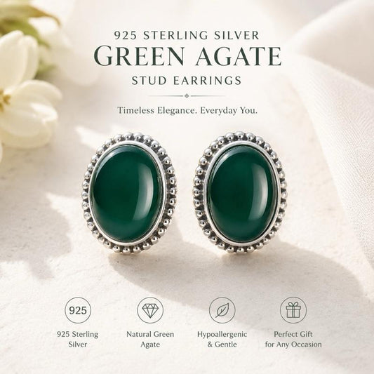 .925 Solid Sterling Silver Green Agate Stud Earrings