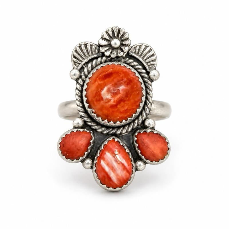 Red Spiny Oyster Shell Adjustable  .925 Solid Sterling Silver Southwest Ring