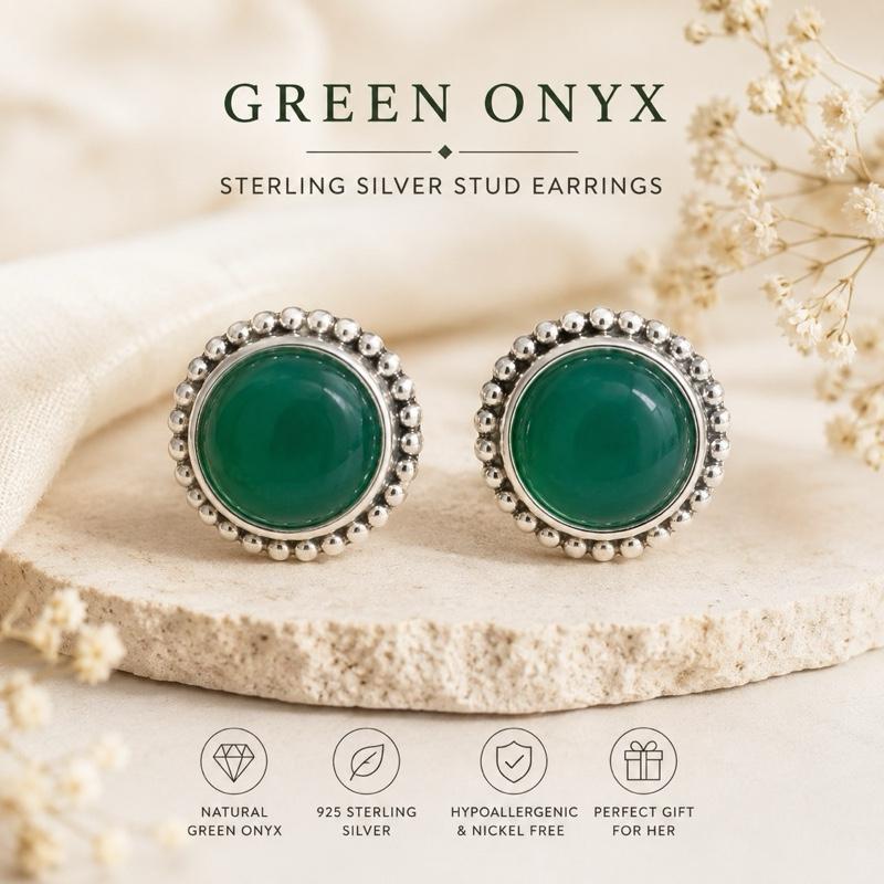 .925 Solid Sterling Silver Green Onyx Stud Earrings