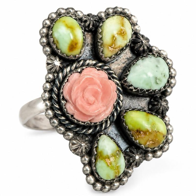 Palamino Variscite & Pink Conch Rose Half Cluster .925 Sterling Silver Ring