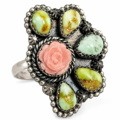 Palamino Variscite & Pink Conch Rose Half Cluster .925 Sterling Silver Ring