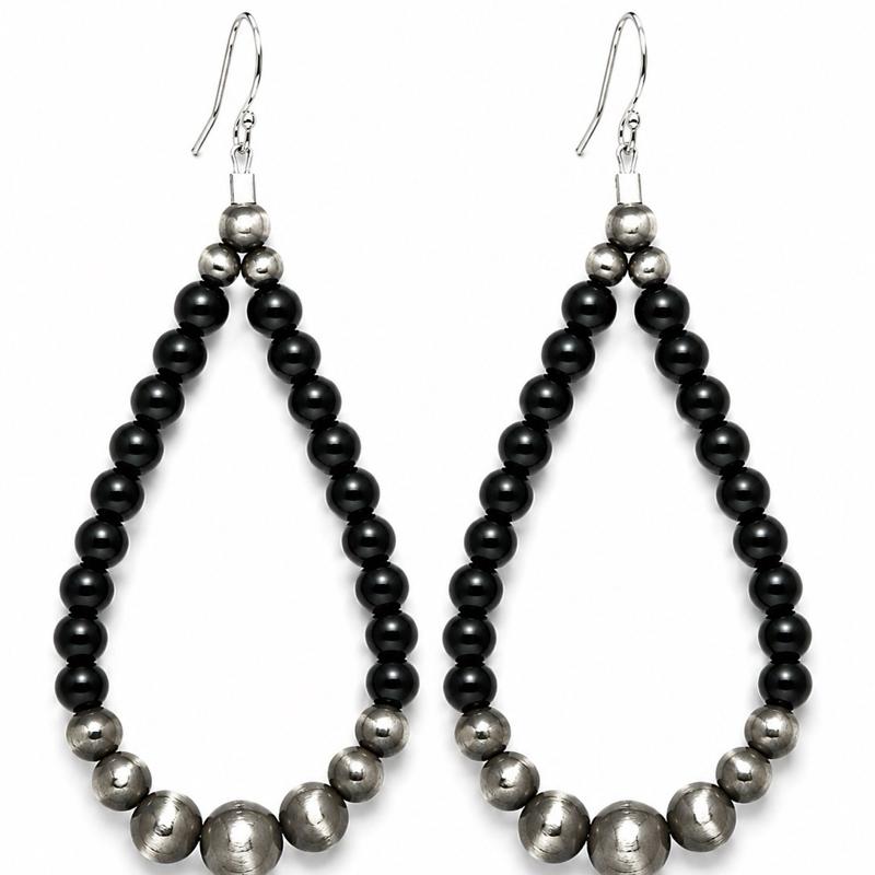 Black Onyx Beaded with Navajo Style Desert Pearls .925 Sterling Silver Earrings