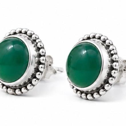 .925 Solid Sterling Silver Green Onyx Stud Earrings