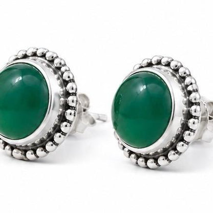 .925 Solid Sterling Silver Green Onyx Stud Earrings