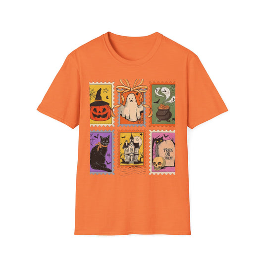 Halloween Themed Unisex Softstyle T-Shirt - Spooky Stamp Design, Fall Fashion, Trick or Treat, Halloween Party, Gift for Ghost Lovers
