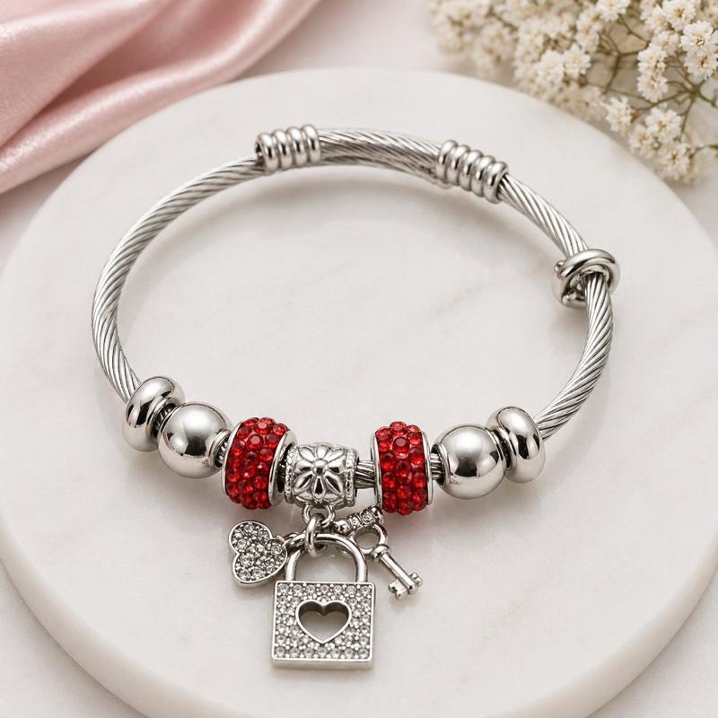 Lock & Key Heart Charm Beaded Stainless Steel Bracelet