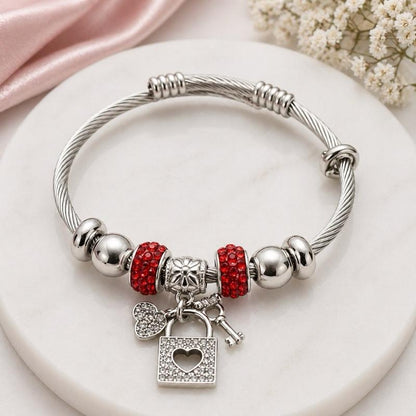 Lock & Key Heart Charm Beaded Stainless Steel Bracelet