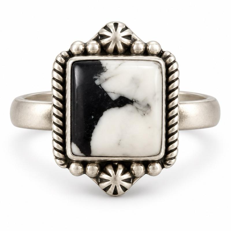 Adjustable White Buffalo .925 Sterling Silver Ring