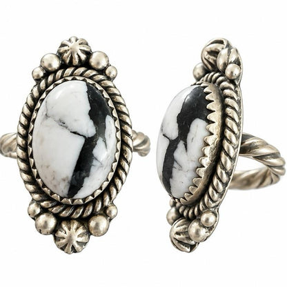 Size 9 White Buffalo Natural Stone .925 Sterling Silver Ring