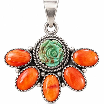 Spiny Oyster & Mojave Turquoise Rose .925 Sterling Silver Pendant