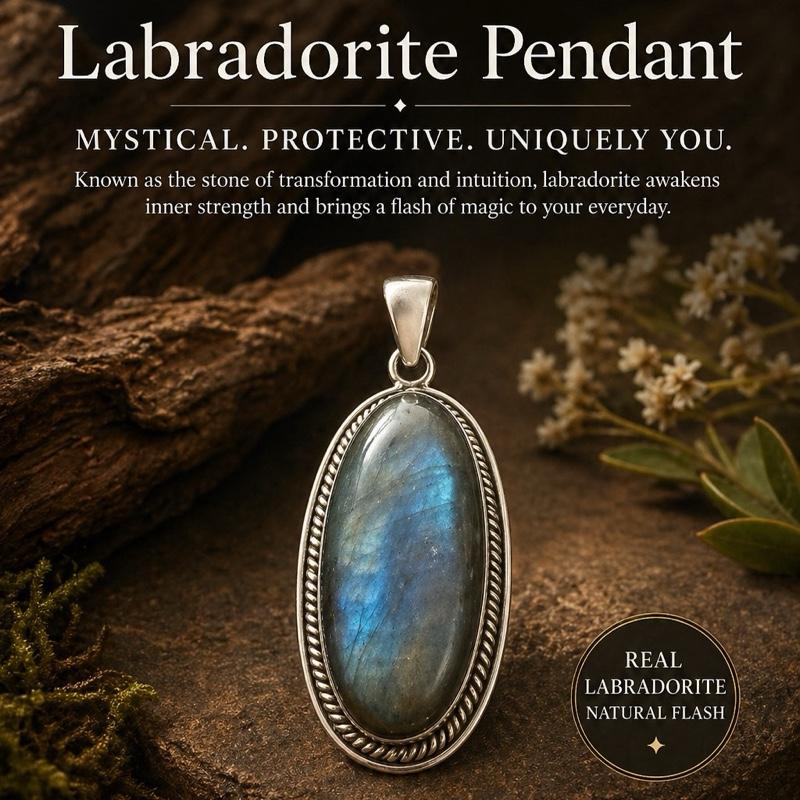 .925 Solid Sterling Silver Flashy Labradorite Naturally Stone Pendant