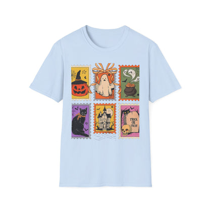 Halloween Themed Unisex Softstyle T-Shirt - Spooky Stamp Design, Fall Fashion, Trick or Treat, Halloween Party, Gift for Ghost Lovers
