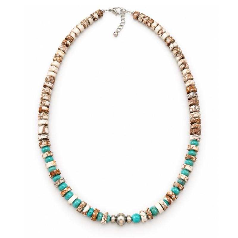 20-22” Wild Horse Jasper & Turquoise Beaded .925 Sterling Silver Necklace