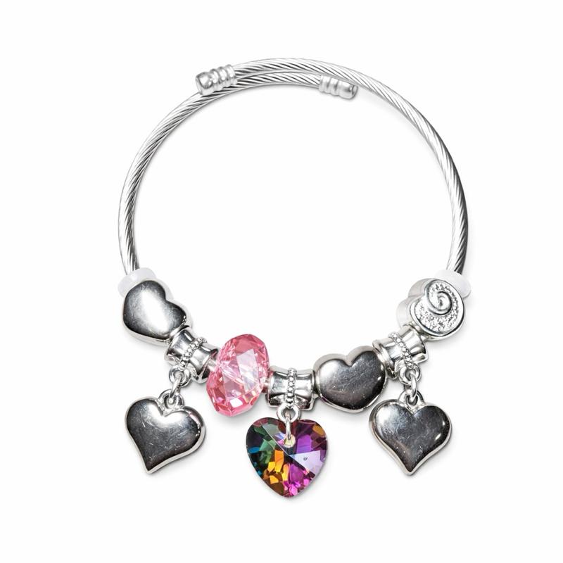 Stainless Steel Silver Heart Adjustable Charm Bracelet