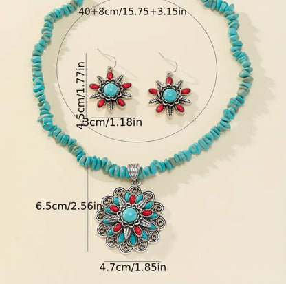 Bohemian Western Flower Stone Turquoise Necklace Earrings
