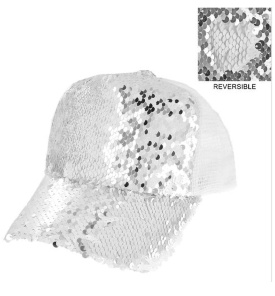 SILVER TWO SIDED RESERSIBLE SEQUIN MESH BACK ADJUSTABLE CAP HAT