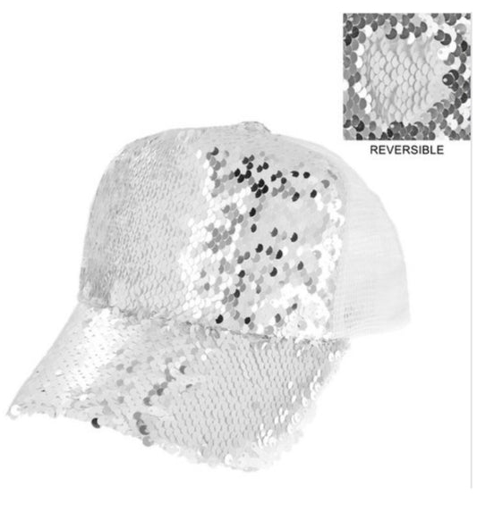 SILVER TWO SIDED RESERSIBLE SEQUIN MESH BACK ADJUSTABLE CAP HAT