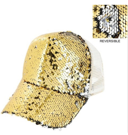 GOLD TWO SIDED RESERSIBLE SEQUIN MESH BACK ADJUSTABLE CAP HAT