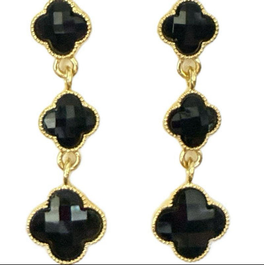 Black Lucky Triple Clover Dangle Earrings