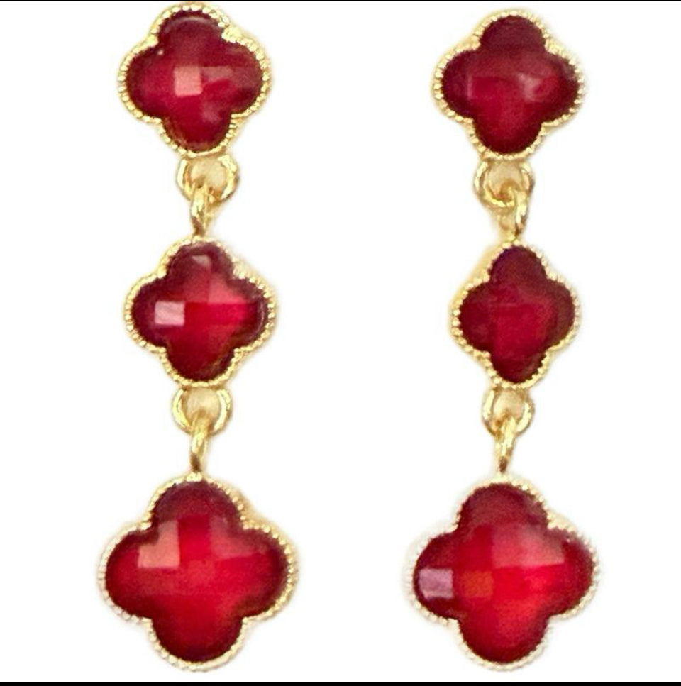 Red Lucky Triple Clover Dangle Earrings